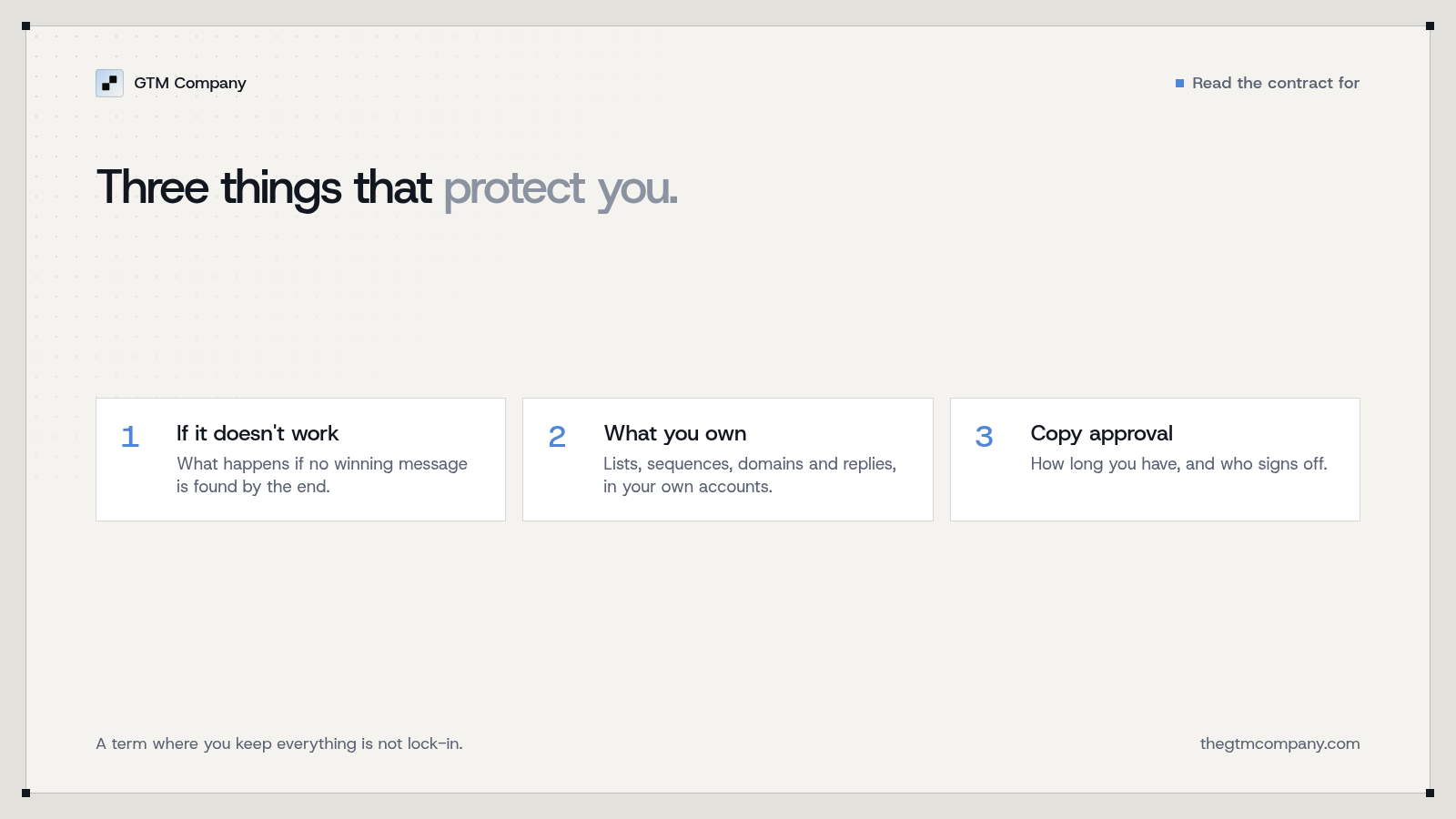 What protects you during the term: what happens if it does not work, what you own, and how fast you approve copy.