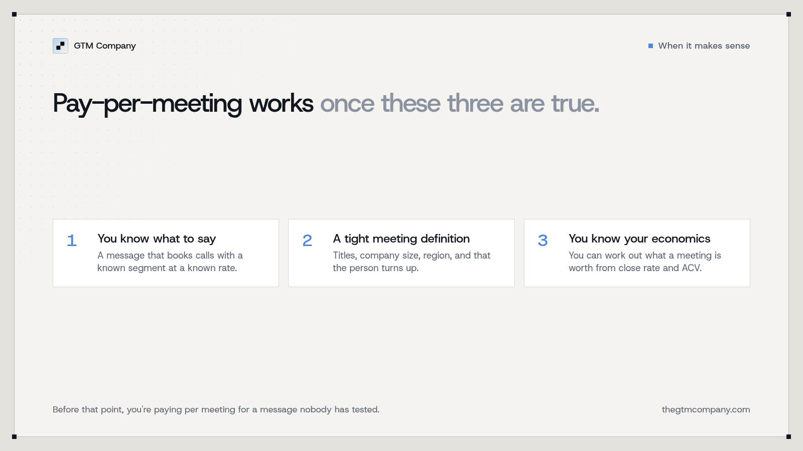Three conditions that make pay-per-meeting sensible: you know what to say, you can define a qualified meeting tightly, and you know your own economics.
