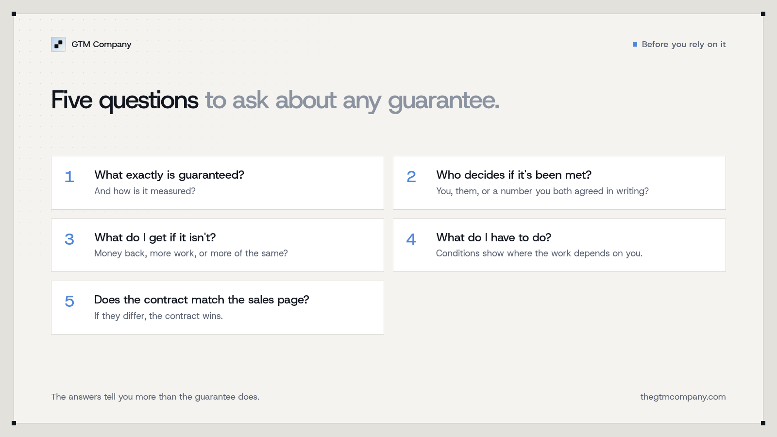 Five questions to ask about any agency guarantee.